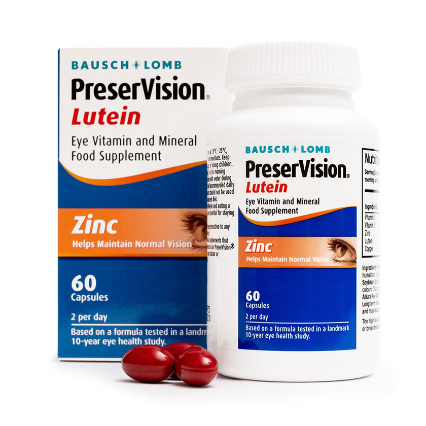 Bausch & Lomb PreserVision Lutein eye vitamin supplement packaging and bottle on a white background