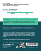 Back label of a supplement capsule with directions, product information, and branding details.