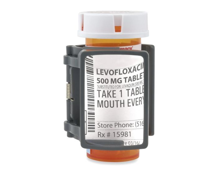 Levofloxacin 500 MG tablet prescription bottle and holder.