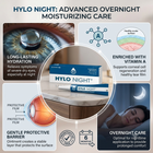 HYLO NIGHT Advanced Overnight Moisturizing Care promotional graphic showing the product box and tube on a marble surface, surrounded by benefit panels for long-lasting hydration, vitamin A enrichment, protective barrier, and overnight care.