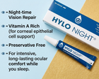 Ocular Express HYLO NIGHT eye ointment packaging shown on a light blue background with a gold diagonal section. The image includes the Ocular Express logo, product text callouts, and the blue-and-white tube and box.