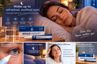 HYLO NIGHT eye drops packaging and tube shown alongside a woman sleeping peacefully in a dimly lit bedroom, with promotional text highlighting relief for dry, irritated, and tired eyes.
