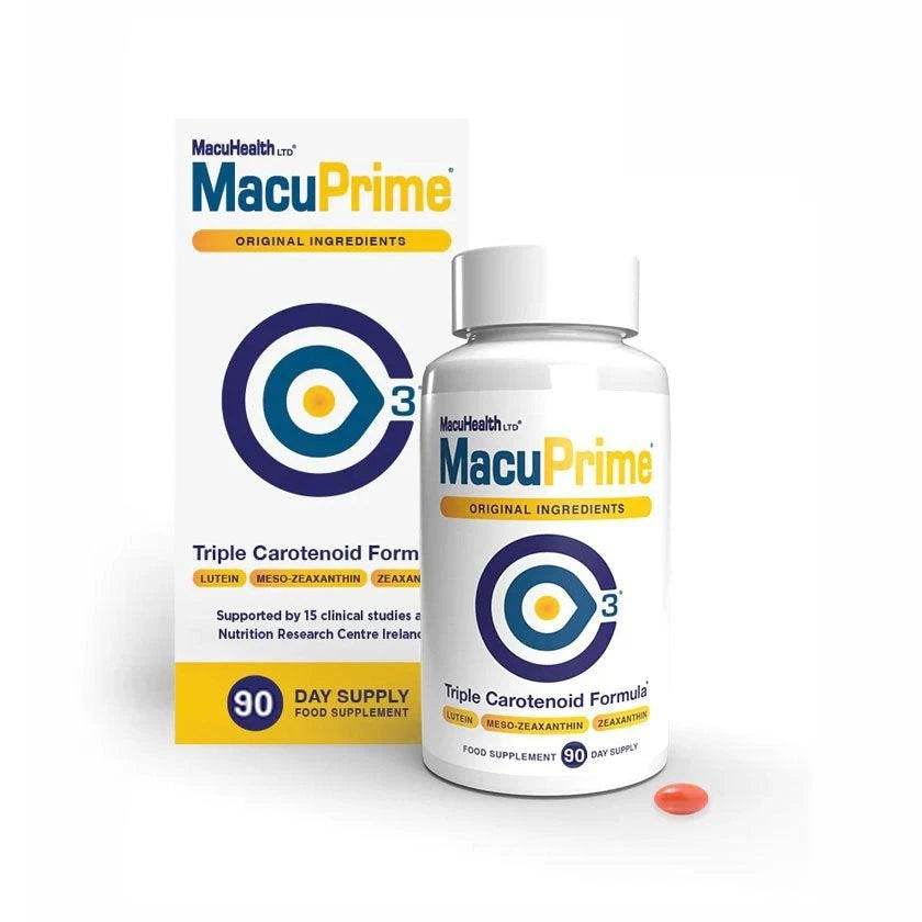 MacuPrime supplement bottle and packaging on a white background - 90 Day Supply