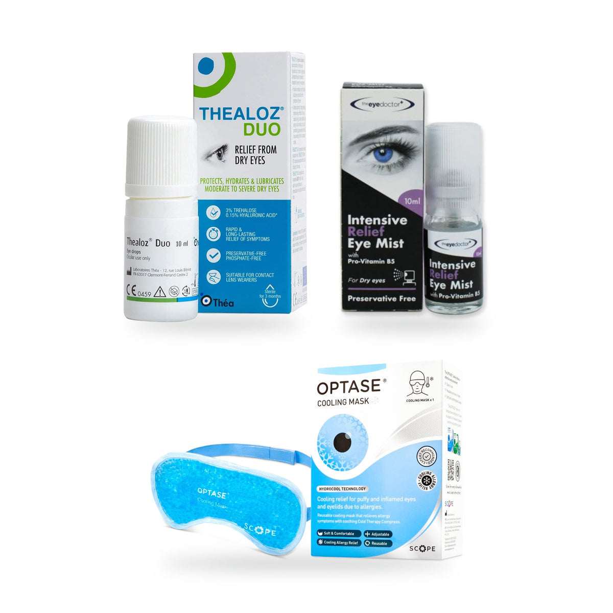 Screen Time Dry Eye Kit: Thealoz Duo eye drops, The Eye Doctor Intense Mist and OPTASE Cooling Mask side by side on a white background
