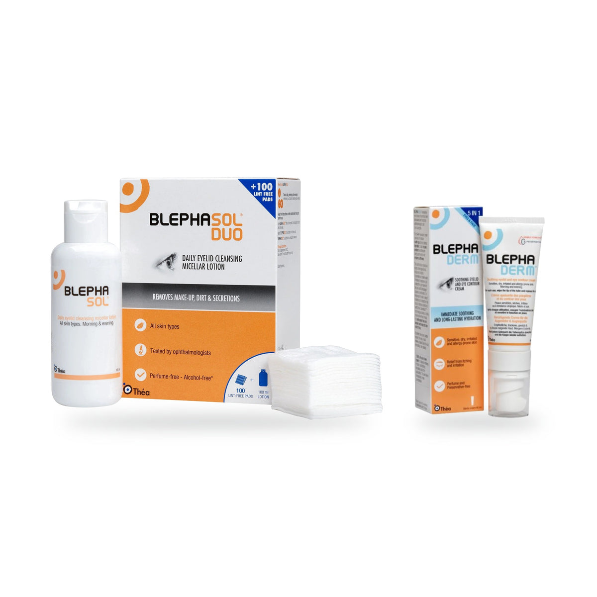 Sensitive Eyelid Skin Kit: Blephasol Duo cleansing lotion with pads and Blephaderm soothing eyelid cream side by side on a white background