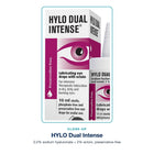 Close-up of HYLO Dual Intense packaging: 0.2% sodium hyaluronate and 2% ectoin eye drops