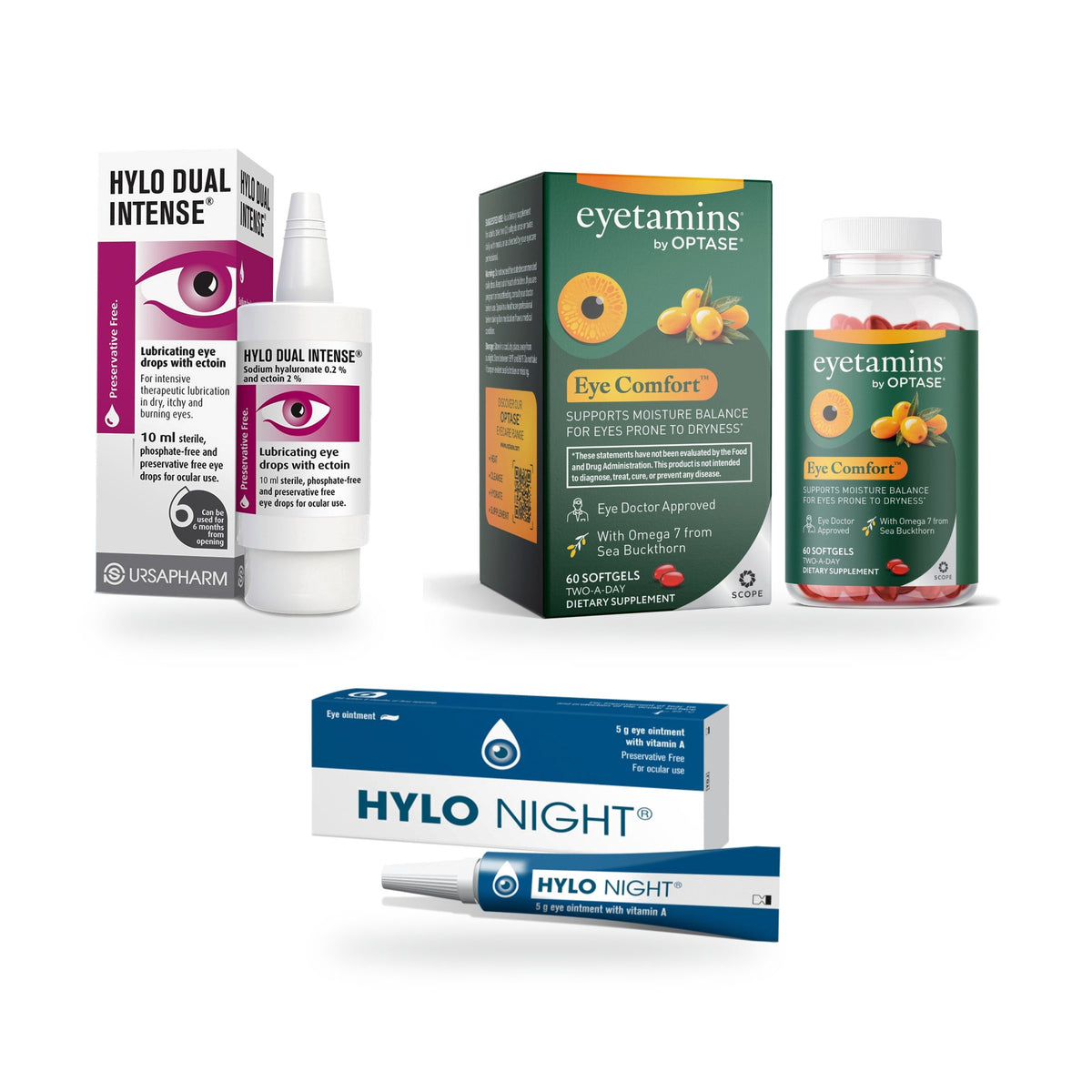 Severe Dry Eye Relief Kit: HYLO Dual Intense, Eyetamins Eye Comfort softgels and HYLO Night side by side on a white background