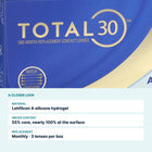 Close-up of Total30 packaging with material, water content and replacement details