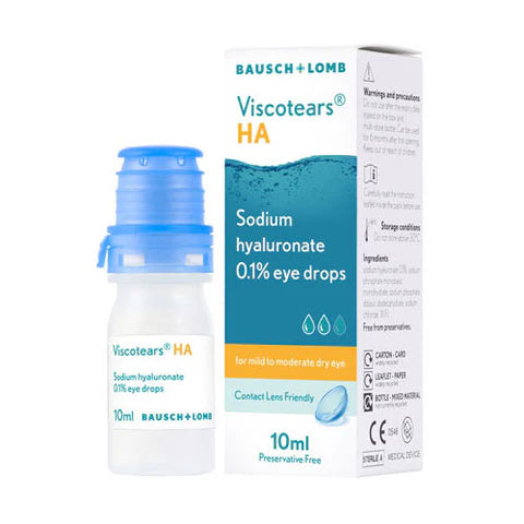 Bausch & Lomb Viscotears HA eye drop bottle and packaging on a white background