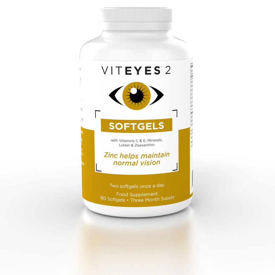 Viteyes 2 softgels bottle on a white background. AREDS II Formulated Supplement - VIT EYES 2 SOFT GELS