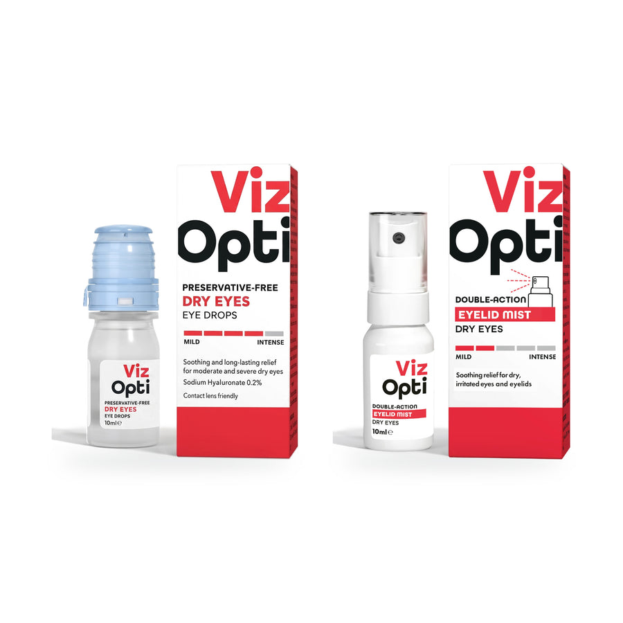 Viz Opti Dry Eye Duo: Viz Opti preservative-free eye drops and Viz Opti eyelid mist side by side on a white background
