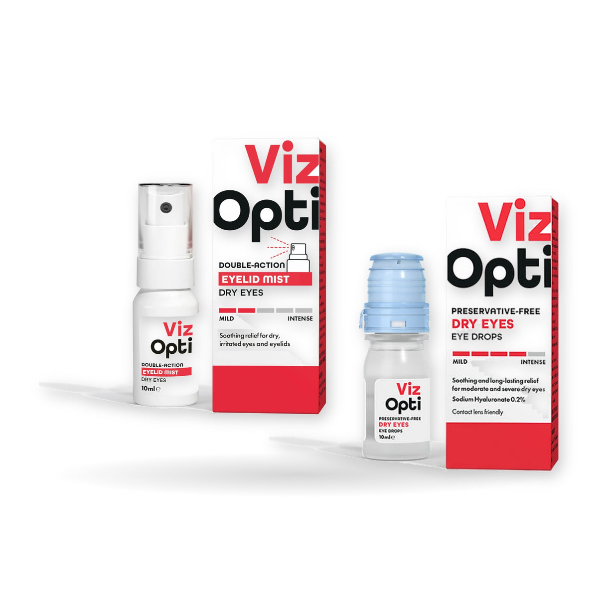 Viz Opti Dry Eye Duo: eye drops and liposomal eye spray grouped together on a white background