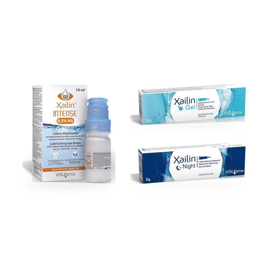Xailin 24-Hour Dry Eye Bundle: Xailin Intense eye drops, Xailin Gel and Xailin Night ointment side by side on a white background