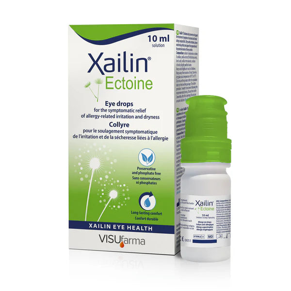 Xailin Ectoine eye drops packaging and bottle on a white background
