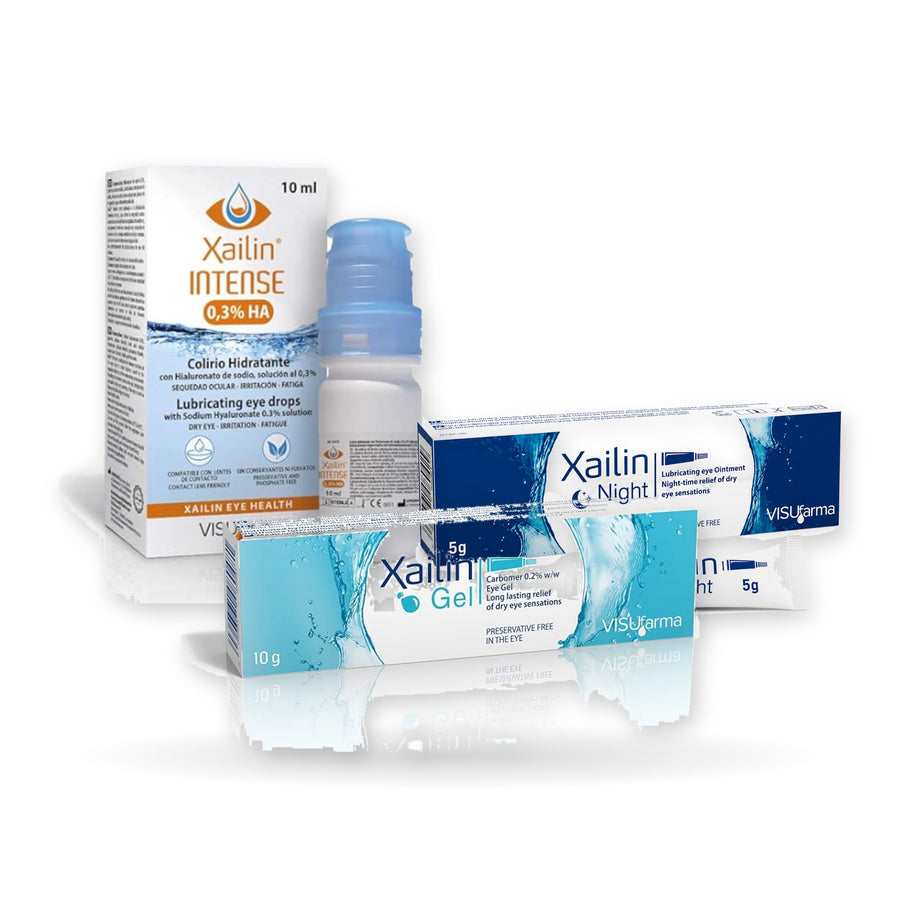 Xailin 24-Hour Dry Eye Bundle: Xailin Intense, Xailin Gel and Xailin Night grouped together on a white background