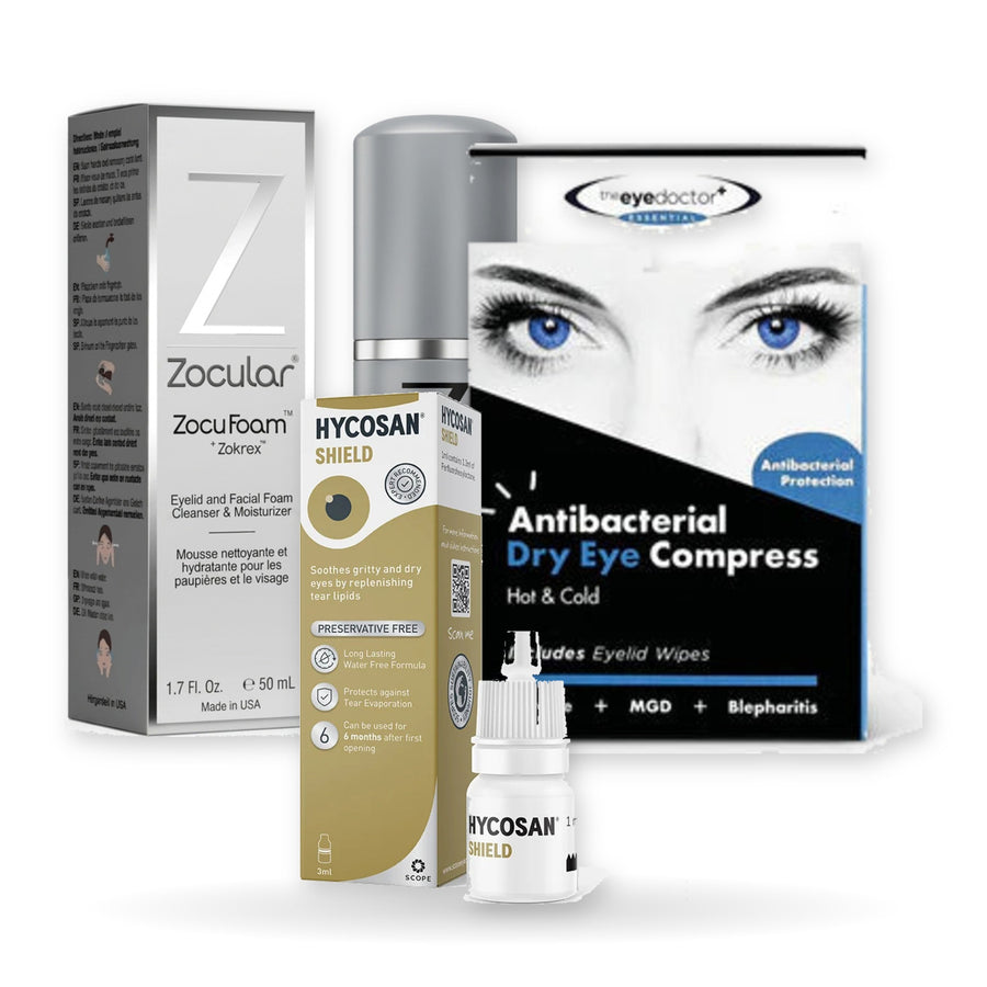 ZocuFoam Premium Eyelid & Lipid Care Kit: ZocuFoam, Hycosan Shield and hot eye compress grouped together on a white background