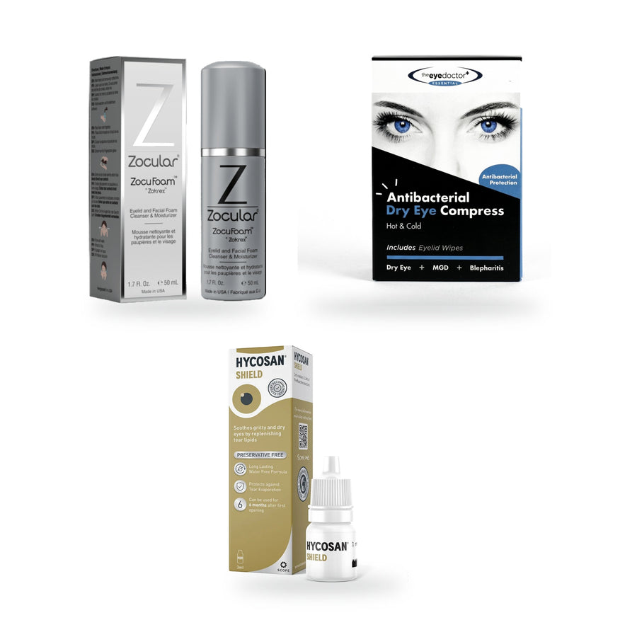 ZocuFoam Premium Eyelid & Lipid Care Kit: ZocuFoam cleanser, Hycosan Shield and The Eye Doctor Essential hot compress side by side on a white background
